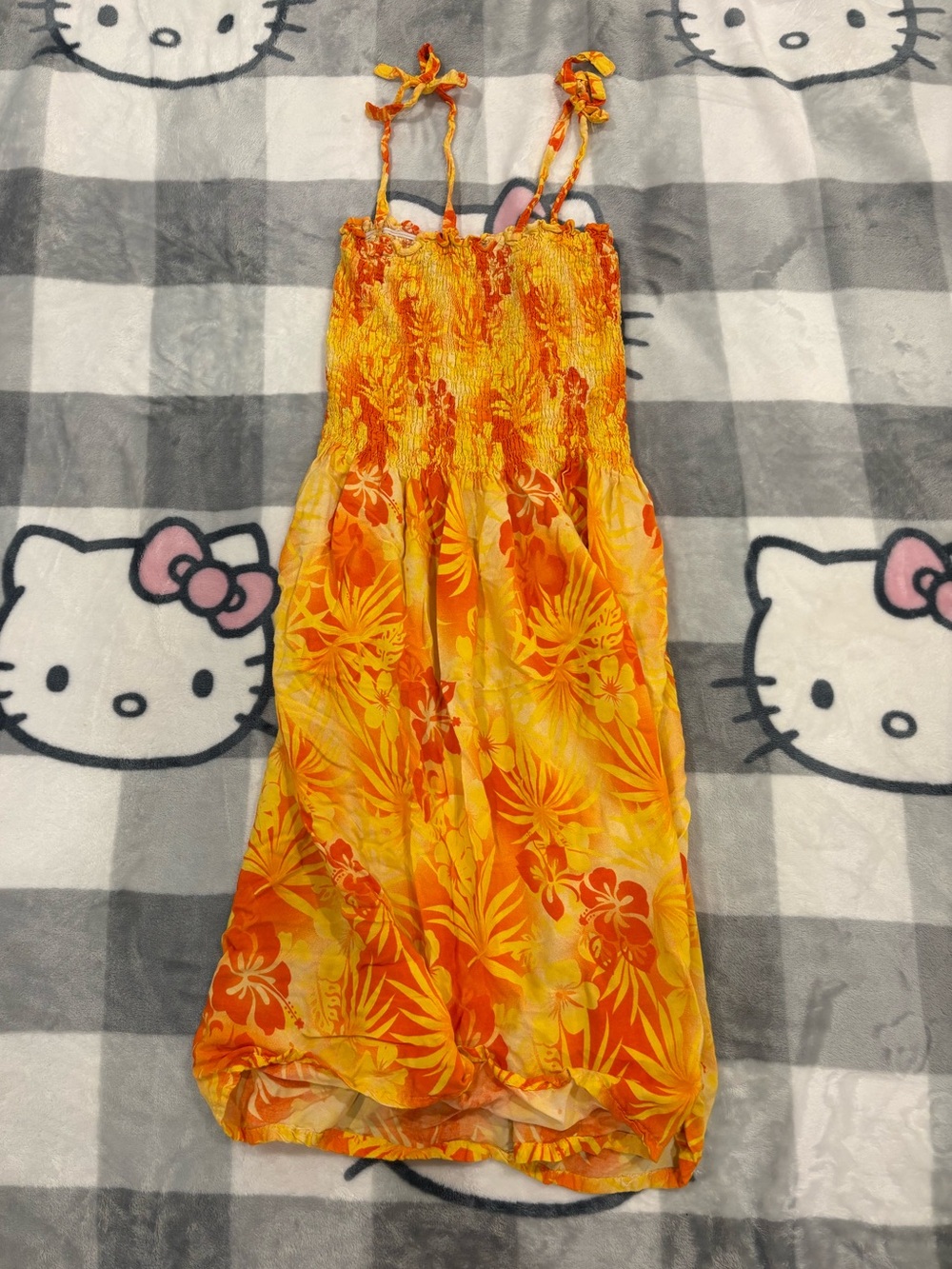 Vintage Y2K Orange Yellow Hawaiian Floral Smocked Tie Strap Midi Dress